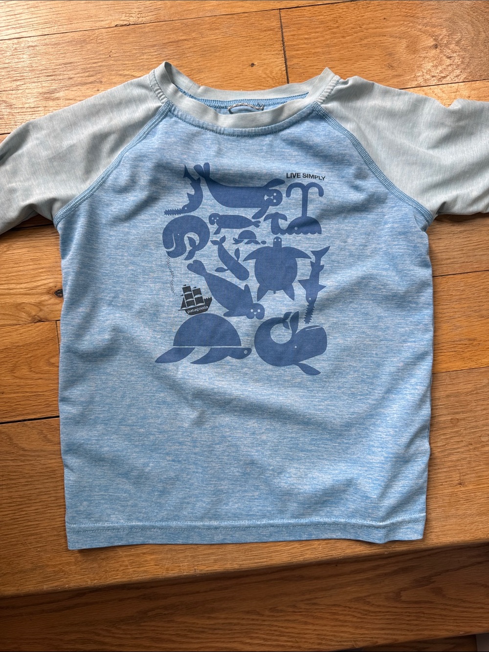 Patagonia Light Blue Raglan Tee with Navy Ocean Creatures